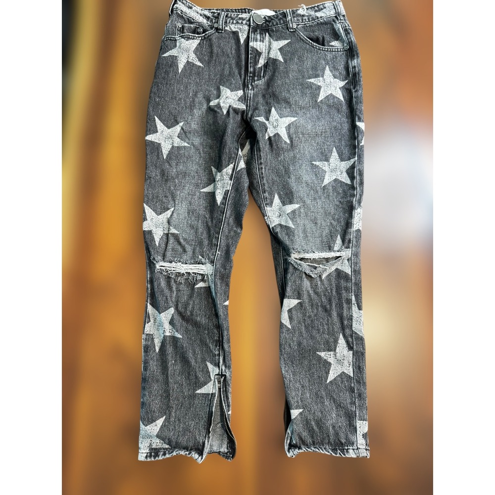 Oneteaspoon Star Print Distressed Ripped Knee Zipper Hem‎ Jeans Womens Denim